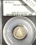 1878 CC U.S. Seated Liberty Dime, slabbed PCGS VG08.