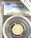 1884 P U.S. Seated Liberty Dime, slabbed PCGS AU58.