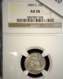 1889 S U.S. Seated Liberty Dime, slabbed NGC AU58.