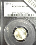 1944 D Mercury Dime, slabbed PCGS MS64FB.