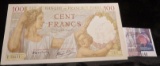 Bank of France 100 Francs Banknote, Pick # 94. Sully type note issued 1939 to 1942 during World War
