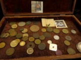 Collection of Old Coins in a felt-lined Wooden Box. Includes a Silver U.S. Peace Dollar.