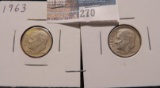 1963 P & 64 D Silver Roosevelt Dimes.