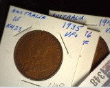 1935 KM23, 1936 KM23, & 1941 (m) KM36 Australia Large Pennies, All VF-EF.