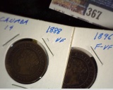 1888 VF, 1896 F-VF, 1899 VF, & 1905 VF Canada Large Cents.