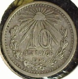 1906 Mexico Silver Ten Centavos, KM428, VF.