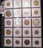 20-Pocket Plastic Page containing Foreign Coins , Tokens, & Medals. Even includes a Mexican Silver P