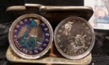 Leather two-pocket Coin purse with a pair of $5 Republic of Liberia Statue of Liberty crowns, one is