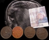 1925 Good Luck Token & (3) 1830 era Hard Times Tokens in a black Leather zipper Purse.