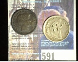 1908 S Barber Dime & 1839 O U.S. Seated Liberty Dime with multiple Stamp marks. Both fairly high gra