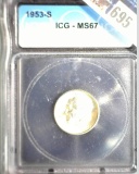 1953 S Silver Roosevelt Dime ICG slabbed MS67.