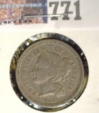 1865 Three Cent Nickel, VG, Light clash marks.