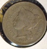 1867 Three Cent Nickel, VG.