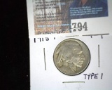 1913 P  Type One Buffalo Nickel, VG.