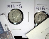 1916 S, 1918-D Mercury Dime - semi key, & 1931 P  Mercury Dime, Good.