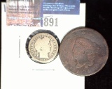 1824 U.S. Large Cent & 1893 O Barber Dime (scarce date).