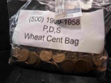 Bag of 500 circulated wheat cents. 1909 - 1950 era VERY GOOD