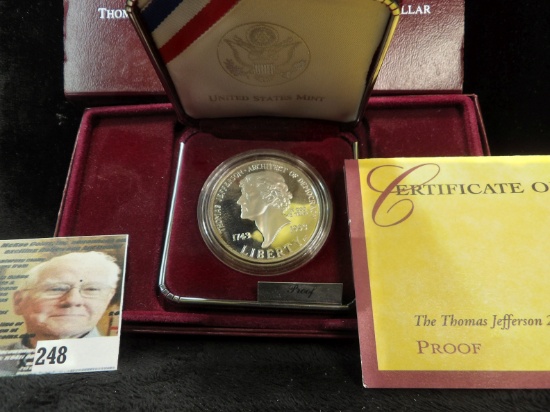 1743 1993 S Silver Proof Thomas Jefferson 250th Anniversary Commemorative Dollar in original box of