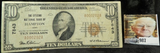 Series 1929 Type One $10 National Bank Note issued by "The Citizens National Bank of Hampton Iowa",
