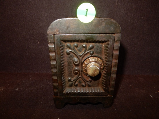 Antique child's cast iron toy bank, in shape of safe, no makers mark found, complete? cond VG (not s