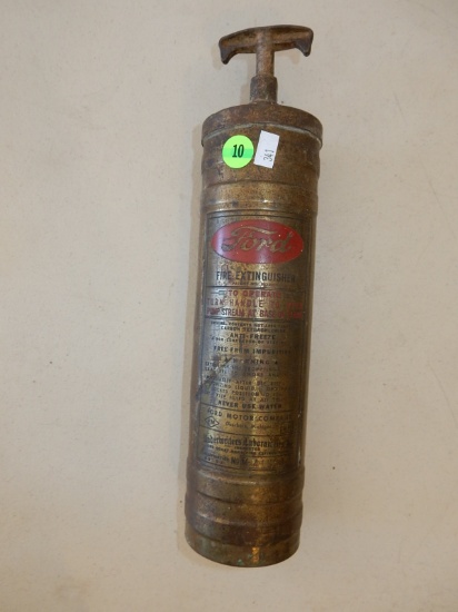 Antique / vintage brass Ford advertising fire extinguisher for home / auto, cond G, dents