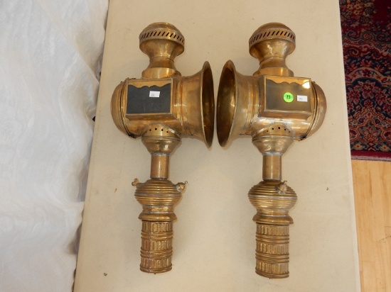 2 piece brass buggy style lamps / lanterns with glass panels, repro / display?, cond G one needs re-