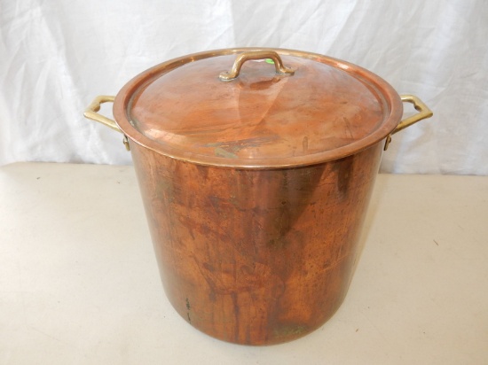 Large copper washed pot with brass handles and lid (heavy) cond G-VG