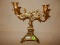 Antique / vintage cast metal Art Nouveau candlestick holder, with double bowl, floral and face desig