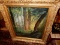 Large & Stunning oil painting on canvas depicting trees in a forest with sunlight shining thru, sign