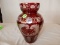 Nice ruby etched bohemian vase with deer and castle scene, cond VG