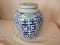 Vintage Asian porcelain blue and white lidded vessel, with writing, cond VG