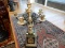 vintage cast metal painted gold and black candelabra, with pillared base with wreath applied decor,