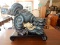 Large Fierce Feng Shui Chinese Foo Dog Guardian Lion Figure on base, pottery made, cond G shows mino