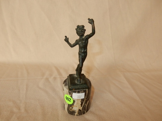 Small antique / vintage? Bronze? / cast metal sculpture on marble cylinder base, depicting nude man