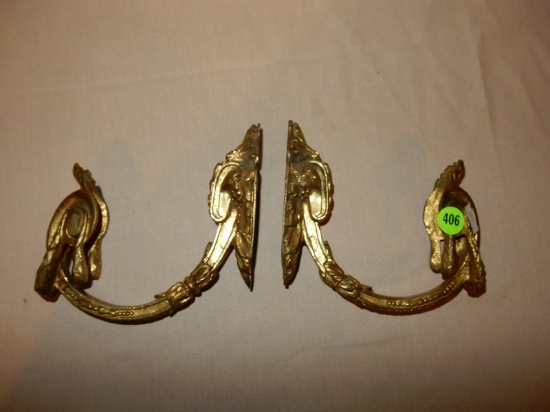 2 piece cast metal, gold painted fancy curtain tie back hooks, stamped JC 612, cond VG