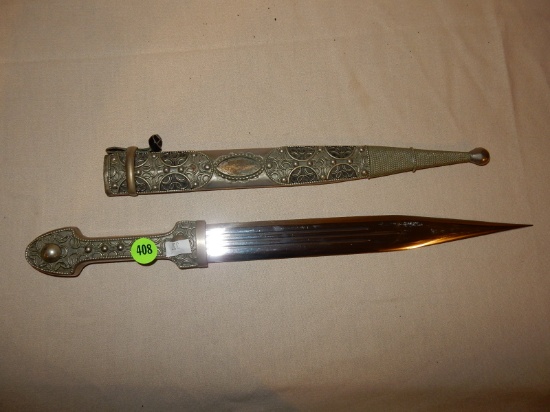 Fantasy metal dagger with sheath, wire design, cond G-VG (missing stone? on sheath)