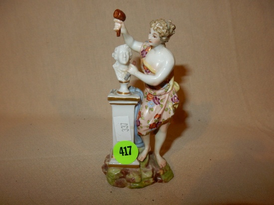 Antique "Woman Sculptor" Dresden (marked with "D" and crown) porcelain figurine, cond VG