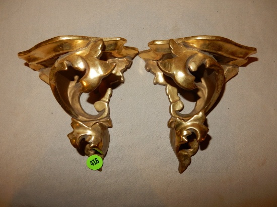 Pair of Italian carved Rococo Wood & Gesso Florentine gold gilt wall brackets or shelf display, cond