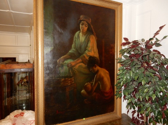 Massive antique oil painting on canvas by listed artist Edgar Seligman '99. depicting mother weaving