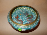 Nice vintage Asian cloisonne bowl with dragon design, applied to wooden base display, cond VG