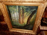 Large & Stunning oil painting on canvas depicting trees in a forest with sunlight shining thru, sign