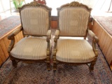 2 piece matching antique carved French style parlor chairs, cond G-VG shows paint / gesso loss from