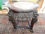 Antique? dark (walnut?) carved Asian fern stand / table with marble top, Foo Lion design, cond G mar