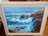 Nice vintage oil painting of ocean waves crashing on rocks, signed D. McLaughlin Cox, framed, cond V