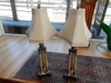 Matching pair of modern tri pillar table lamps with shades, cond VG