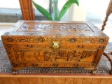 Lovely carved Asian camphor wood chest, with people scene, cond VG, cannot ship in-house