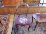 Antique carved balloon back parlor chair with needle point cover, cond VG, cannot ship in-house