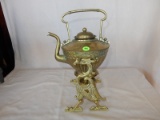 Very unique brass tipping tea pot on bird / Eagle base with warmer, cond G-VG minor dent, no makers