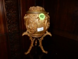 Amazing antique gold gilded cast metal jewelry / scent bottle casket, with various scenes, supported