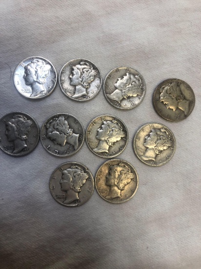 Group of 10 mercury silver dimes various dates